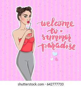 Vector girl. Summer paradise. Young woman with cocktail. Beautiful lady. Fashion chick in a dress. Stylish, seductive and pretty model. Cute Girl in spring-summer trendy outfits. 