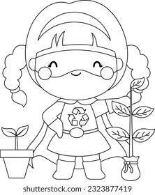 a vector of a girl superhero of earth in black and white coloring