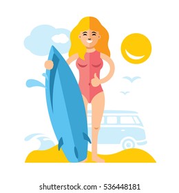 Vector Girl with surfing. Flat style colorful Cartoon illustration.