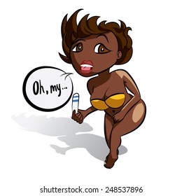 Vector girl surprised with pregnancy test, cartoon illustration, african black