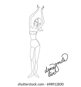 Vector girl in swimming suit. Flat cartoon illustration isolated on a white background. Female long-haired teenager having fun dancing and smiling cheerfully.