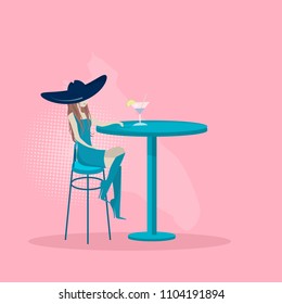 Vector girl at the table in the cafe.