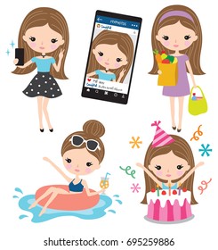 Vector of girl taking selfie, grocery shopping, enjoying the pool, and having birthday.