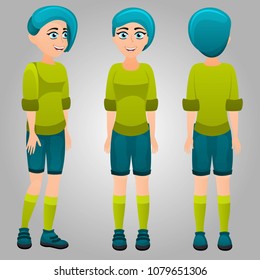 Vector girl in three views and cool clothes isolated on white background. Front and back view. Happy teenager
