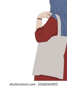 vector of girl with totebag, red dress, and blue hijab