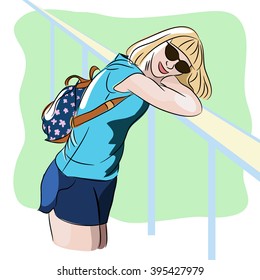 vector girl traveler with backpack