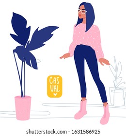 Vector girl in trendy clothes with glasses. Stylish young woman. Fashion teens. Colorful People illustration in flat style. Female cartoon character.