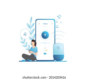 Vector girl uses application of voice assistant in smartphone. Intelligent technologies. Chatbot. Woman and personal, smart speaker with virtual, voice control for dialogue with people.