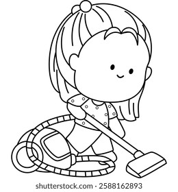 a vector of a girl vacuuming the floor in black and white coloring