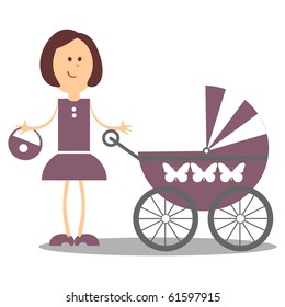 Vector. Girl walking with carriage 18