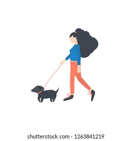 Vector girl walking dog, summer\spring outdoor activities.   Female flat cartoon characters isolated on white background. Vector illustration. 