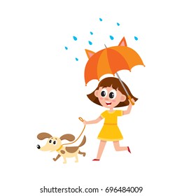 vector girl walks with her dog pet keeping umbrella in rain . Flat cartoon isolated illustration on a white background.