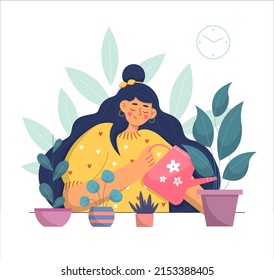 Vector girl watering plants. Take care of houseplants illustration