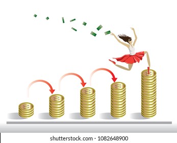 Vector Girl Wear White Shirt And Red Skirt Jumping On Gold Coin On White Background.