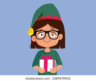 
Vector Girl Wearing an Elf Hat Holding a Christmas Present. Cheerful child holding a present from Santa Claus 

