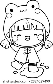 a vector of a girl wearing a frog costume in black and white coloring
