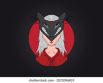 Vector girl wearing kitsune mask illustration