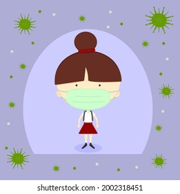 vector girl wearing a medical face mask to prevent flu Pollution Contaminated air Coronavirus or covid-19.