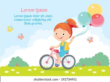 Vector girl woman child rides bike bicycle holding colorful balloons in hand through natural landscape by green grass of lawn meadow.Escape from the city.Bike ride.White clouds  and butterflies.