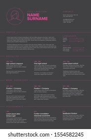 Vector girl or woman dark minimalist cv / resume template with content blocks design and pink accent