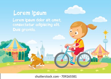 Vector girl woman rides a bicycle bike in natural summer landscape on pathway track through amusement park, puppy dog running ahead.Escape from the city.Bike ride. Carousel and castle on background.