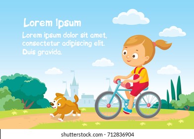 Vector girl woman rides bike bicycle in natural summer landscape by pathway track through green lawn meadow, puppy dog running ahead.Escape from city.Bike ride.White clouds and castle on background.