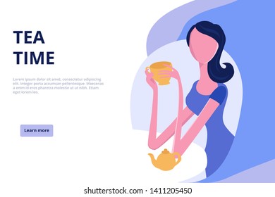 Vector girl woman tea time web design banner template