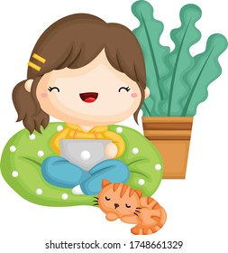 a vector of a girl working from her beanbag