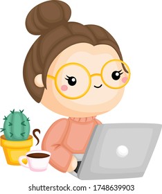 a vector of a girl working from her laptop