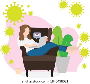 Vector of girl working at home to prevent Coronavirus infection