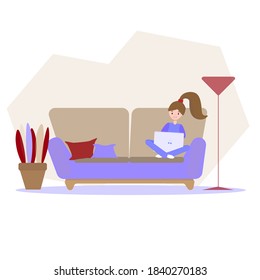 Vector girl working remotely on the computer. Illustration of robots resting under the light of a lamp