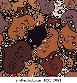 Vector. Girlish repeated backdrop with hearts, drawing in sketch style on brown, black and purple colors. Abstract seamless love pattern. Romantic wallpaper for girls, textile, clothes, wrapping paper