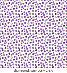 Vector. Girlish repeated backdrop with hearts, drawing in sketch style on white, purple, violet, neutral, beige colors. Romantic pattern. Abstract seamless love pattern. Valentines day wrapping paper.