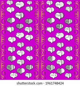 Vector. Girlish repeated backdrop with hearts, drawing in sketch style on white, gray and magenta colors. Valentines day wrapping paper. Abstract seamless love pattern. Romantic wallpaper for girls.