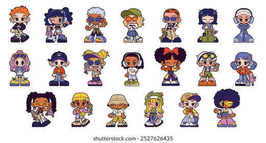 Vector Girls And Boys Characters Retro Cartoon Y2k Style Set Illustration Isolated