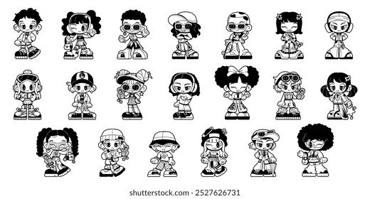 Vector Girls And Boys Characters Retro Cartoon Y2k Style Set Illustration Isolated