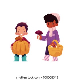 vector girls character set. Boy keeping big pumpkin, girl collecting mushrooms in autumn clothing. cartoon isolated illustration on a white background. Autumn kids activity