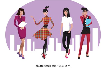 Vector girls in the city.illustration set