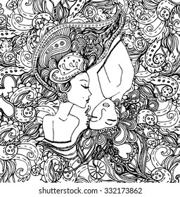 vector girls in doodle style with gorgeous hairs on doodle background. Can be used as card, invitation, background element. Hand drawn style.