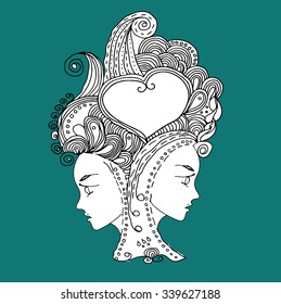 vector girls in doodle style with gorgeous hairs on doodle background. Can be used as card, invitation, background element. Hand drawn style.