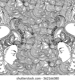 Vector girls in doodle style with gorgeous hairs on doodle background. Can be used as card, invitation, background element, adult coloring book. Hand drawn style.