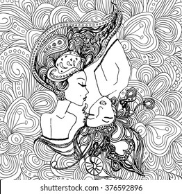 vector girls in doodle style with gorgeous hairs on doodle background. Can be used as card, invitation, background element. Hand drawn style.