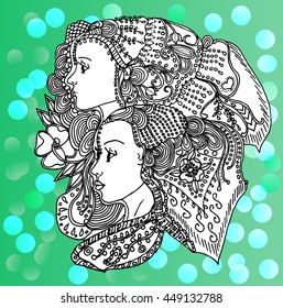 Vector girls in doodle style with gorgeous hairs on doodle background. Can be used as card, invitation, background element, adult coloring book. Hand drawn style.