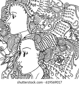 Vector girls in doodle style with gorgeous hairs on white background. Can be used as card, invitation, background element, adult coloring book. Hand drawn style.
