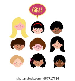 Vector Girls Face Flat Design, Collection of Different Ethnic Kids Face, Girls with different hair style