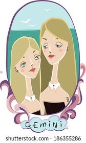 Vector girls in a frame of ornaments. Gemini. Vector illustration