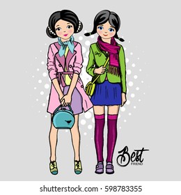 Vector girls. Hand drawn illustration of teenagers. Girlfriends.