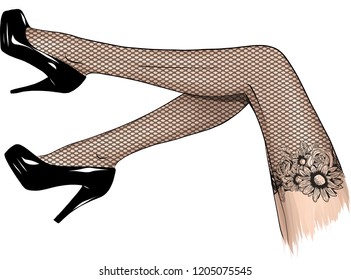 Vector girls in high heels. Fashion illustration. Female legs in shoes. Cute design. Trendy picture in vogue style. Fashionable women. Stylish ladies.