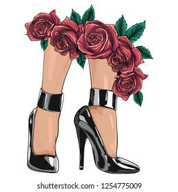 Vector girls in high heels. Fashion illustration. Female legs in shoes. Cute design. Trendy picture in vogue style. Fashionable women. Stylish ladies.