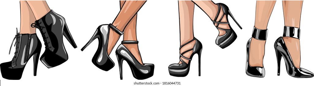Vector girls in high heels. Fashion illustration. Female legs in shoes. Cute design. Trendy picture in vogue style. Fashionable women. Stylish ladies.